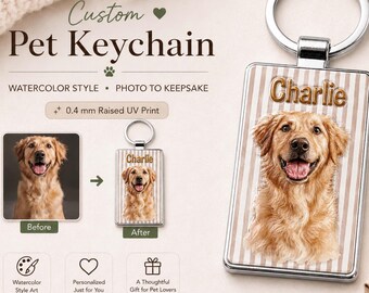 Custom Pet Portrait Keychain, Personalized Pet Photo Keyring, Watercolor Dog Cat Keepsake, Pet Lover Gift 3D Effect
