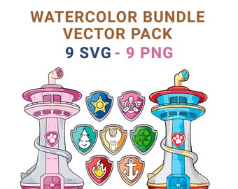 Watercolor Tower Shields Patrol Bundle Vector Pack - PNG 300 DPI - SVG, Instant Download