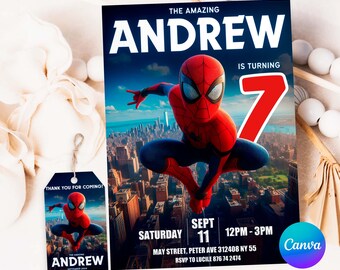 May include: A red and blue Spiderman birthday invitation with a cityscape background. The invitation says "The Amazing Andrew is turning 7" and includes the date, time, and location of the party. RSVP information is also included.