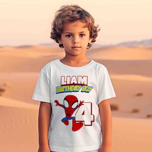 May include: White t-shirt with a red and blue Spiderman graphic, the number 4, and the text "Liam Birthday Boy".
