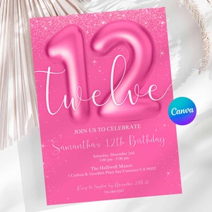 Glitter Pink 12th Birthday Invitation Template, Twelve Glitter Birthday Party Invite, Girl Twelve Birthday Template, Canva