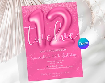 Glitter Pink 12th Birthday Invitation Template, Twelve Glitter Birthday Party Invite, Girl Twelve Birthday Template, Canva