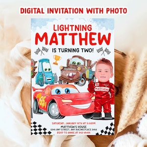 Watercolor Cars Lightning McQueen, Mater Birthday Invitation with Photo Cartoon, Race Invitation, Cars Cartoon Face