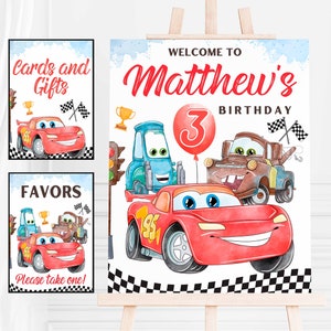 Watercolor Cars Lightning McQueen, Mater Welcome Sign, Race Sign Favor & Gift Sign, Canva Template