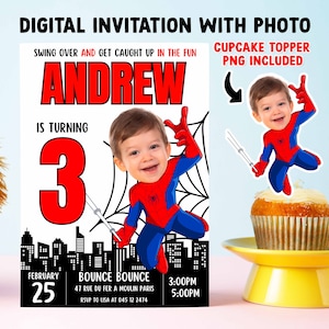 Convite de aniversário do Homem-Aranha com foto, convite de aniversário de super-herói para impressão, convite digital para festa, cartão de aniversário, convite facial Spidey