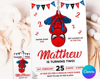 Invito di compleanno modificabile Spiderman, modello Canva