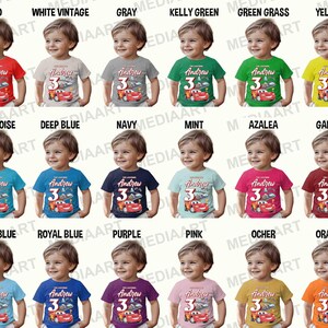 May include: A collage of 20 t-shirts featuring a cartoon car design with the name "Andrew" and the number "3" printed on each shirt. The shirts are displayed in a variety of colors, including red, white, gray, kelly green, green grass, yellow, turquoise, deep blue, navy, mint, azalea, garnet, light blue, royal blue, purple, pink, ocher, and orange.