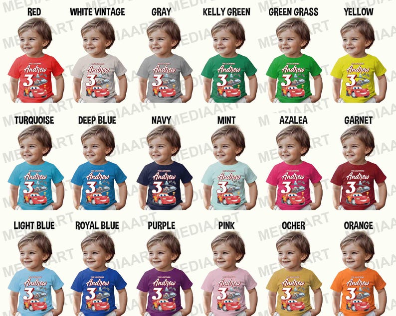 May include: A collage of 20 t-shirts featuring a cartoon car design with the name "Andrew" and the number "3" printed on each shirt. The shirts are displayed in a variety of colors, including red, white, gray, kelly green, green grass, yellow, turquoise, deep blue, navy, mint, azalea, garnet, light blue, royal blue, purple, pink, ocher, and orange.