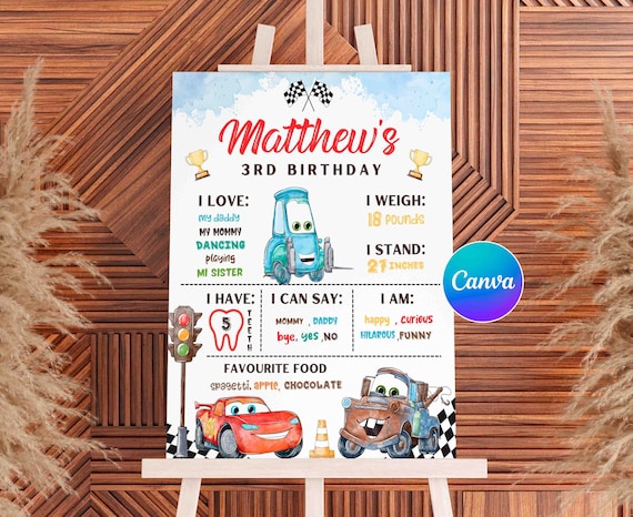 Watercolor Cars Lightning McQueen, Mater Milestone Board Sign, Racing Milestone, Canva Template