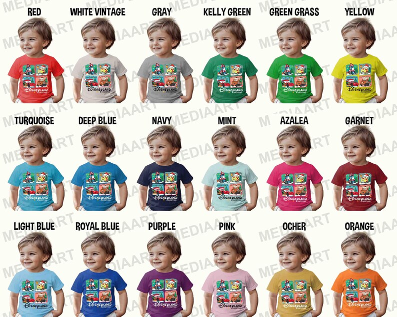 May include: A collage of 20 toddler t-shirts in various colours featuring a Disney print with Mickey Mouse, Minnie Mouse, Donald Duck, Goofy, and Pluto driving cars. The t-shirts are arranged in rows of four, with each row labelled with a colour name.