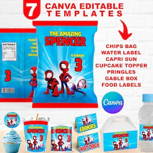Puede incluir: Suministros de fiesta imprimibles con un personaje de Spiderman de dibujos animados. El conjunto incluye una bolsa de patatas fritas, una etiqueta para botella de agua, una etiqueta para Capri Sun, un adorno para cupcake, una etiqueta para lata de Pringles, una etiqueta para caja de gable y etiquetas para alimentos. El diseño es azul y rojo con el texto "The Amazing Spencer is turning 3".