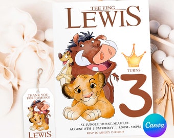 Watercolor Lion King Birthday Invitation, Simba Invitation, King Lion Invitation, Canva Template