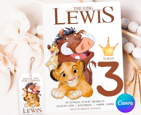 Watercolor Lion King Birthday Invitation, Simba Invitation, King Lion Invitation, Canva Template