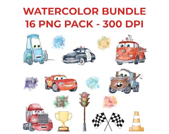 Watercolor Cars McQueen Bundle PNG Pack - 300 DPI - Watercolor Cars Clipart Instant Download