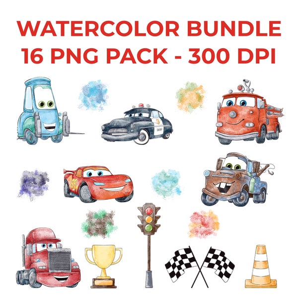 Watercolor Cars McQueen Bundle PNG Pack - 300 DPI - Watercolor Cars Clipart Instant Download