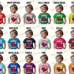 Op de afbeelding: Een set van 18 kleuter T-shirts in verschillende kleuren met een Spiderman-afbeelding en de tekst "Andrew 3 Birthday Boy".