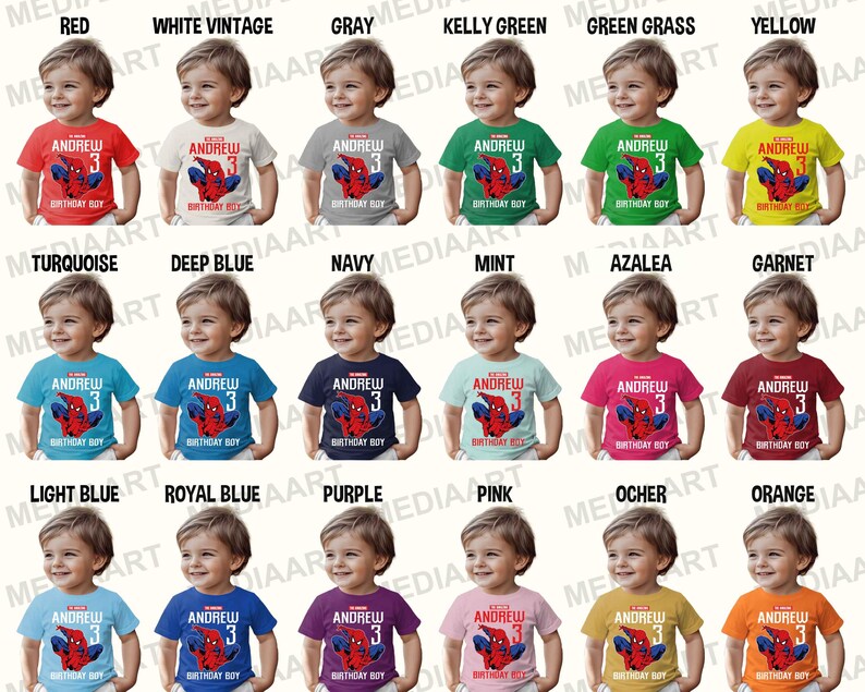 Op de afbeelding: Een set van 18 kleuter T-shirts in verschillende kleuren met een Spiderman-afbeelding en de tekst "Andrew 3 Birthday Boy".