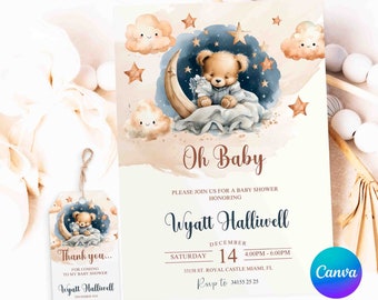 Bär-Babyparty-Einladung, Oh-Baby-Dusche-Einladung, braun-blauer Bär-Babyparty, Canva-Vorlage und Geschenkanhänger, Cupcake-Topper