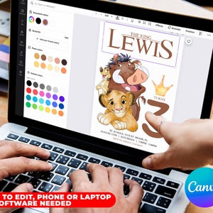 May include: A digital invitation for a birthday party featuring a cartoon image of Simba from The Lion King. The invitation is for a boy named Lewis turning three years old. The invitation is in a brown and gold color scheme with a crown on top of the number three.