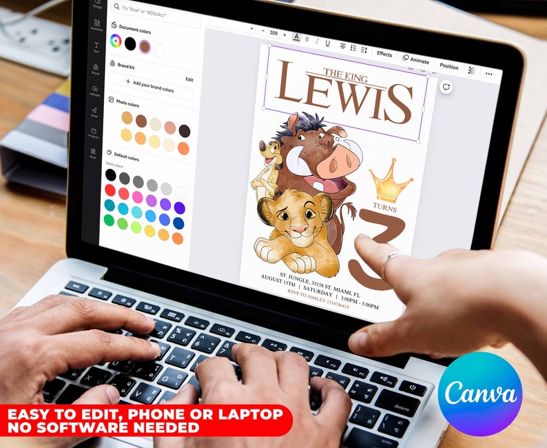 May include: A digital invitation for a birthday party featuring a cartoon image of Simba from The Lion King. The invitation is for a boy named Lewis turning three years old. The invitation is in a brown and gold color scheme with a crown on top of the number three.