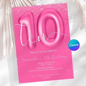 Glitter Pink 10th Birthday Invitation Template, Ten Glitter Birthday Party Invite, Girl Ten Birthday Template, Canva