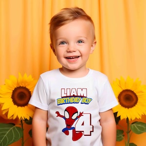 May include: A white t-shirt with a red and blue Spiderman graphic, the text "Liam Birthday Boy" and the number "4".