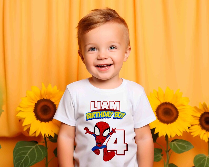 May include: A white t-shirt with a red and blue Spiderman graphic, the text "Liam Birthday Boy" and the number "4".
