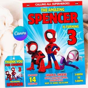 Modelo de convite de aniversário do Homem-Aranha, convites para festa de aniversário de super-herói para impressão, convite digital para festa infantil, cartão de aniversário, Canva Spidey
