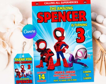 May include: A blue and red birthday invitation featuring a cartoon image of Spider-Man, Spider-Gwen, and another Spider-Man character. The invitation reads "Calling all superheroes" and "The Amazing Spencer is turning 3". The invitation also includes the date, time, and location of the party.