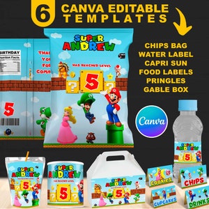 Super Mario Wasseretikett, Chipstüte, Capri-Sonne, Pringles, Lebensmitteletiketten, Giebelbox, Canva-Vorlage, Sofortiger Download