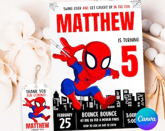 Spider-Man-Geburtstagseinladungsvorlage, druckbare Superhelden-Geburtstagsparty-Einladungen, digitale Kinderparty-Einladung, Bday-Karte, Canva Spidey