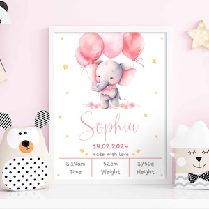 Stampa di nascita dell'elefante del bambino dell'acquerello, regalo per il neonato, dettagli digitali della nascita del neonato, statistiche di nascita, grafico di nascita della ragazza dell'acquerello 8x10" Canva