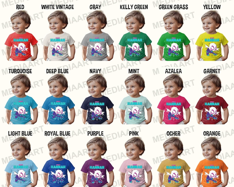 May include: A set of 18 toddler t-shirts in various colors featuring a cartoon spider-man design and the name "Hannah".