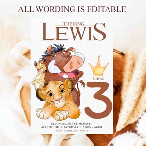 May include: A printable invitation for a 3rd birthday party with a Lion King theme. The invitation features Pumbaa, Timon, and Simba from the Disney movie. The text on the invitation reads "The King Lewis Turns 3".