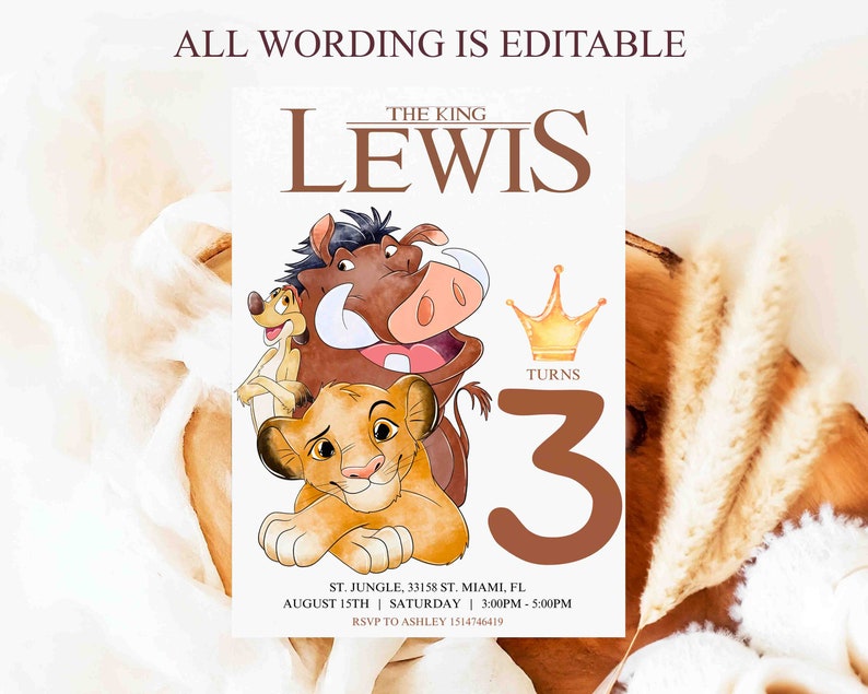 May include: A printable invitation for a 3rd birthday party with a Lion King theme. The invitation features Pumbaa, Timon, and Simba from the Disney movie. The text on the invitation reads "The King Lewis Turns 3".