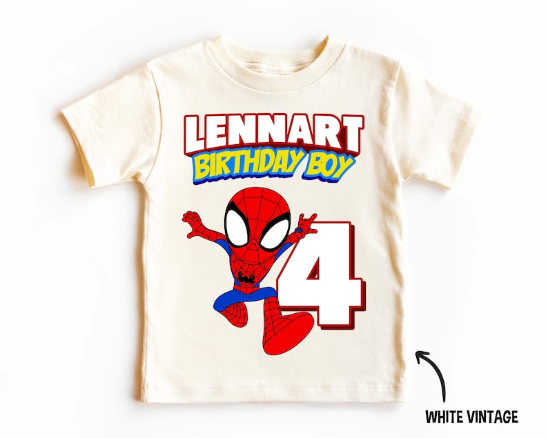 May include: A white vintage t-shirt with a red and blue Spiderman graphic, the text "Lennart Birthday Boy" and the number 4.