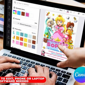 May include: A laptop computer screen displaying a Canva design template for a birthday invitation. The invitation features a pink background with a cartoon image of Princess Peach and other characters from the Super Mario video game series. The text on the invitation reads "Princess [name] is turning [age]" and includes details about the birthday party, such as the date, time, and location.