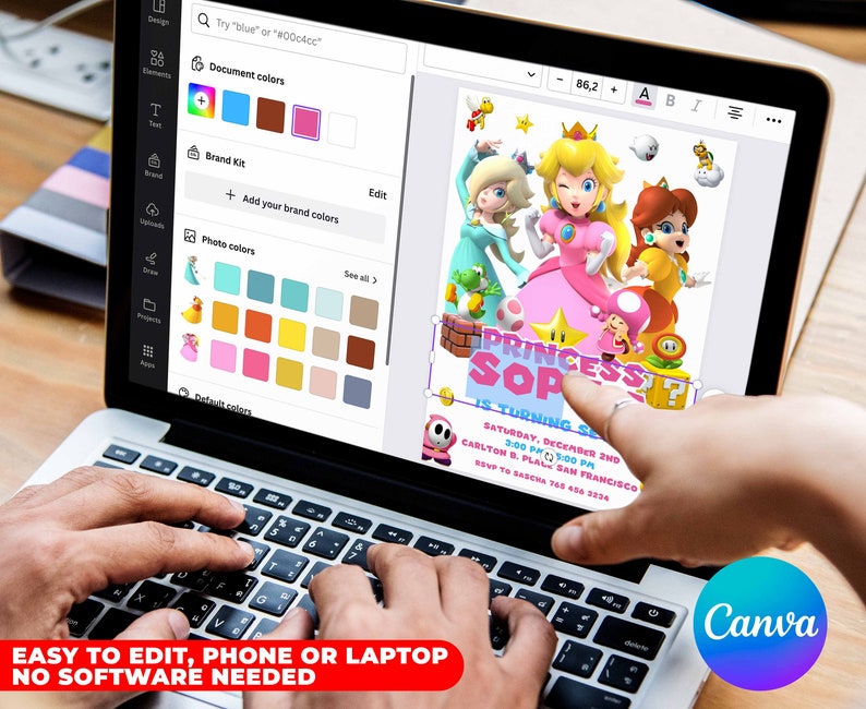 May include: A laptop computer screen displaying a Canva design template for a birthday invitation. The invitation features a pink background with a cartoon image of Princess Peach and other characters from the Super Mario video game series. The text on the invitation reads "Princess [name] is turning [age]" and includes details about the birthday party, such as the date, time, and location.