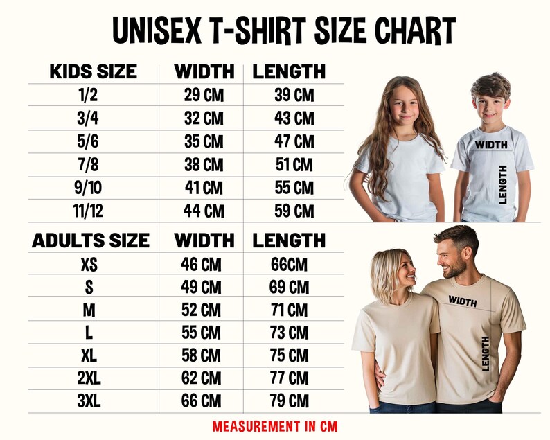 May include: Unisex t-shirt size chart with measurements in centimeters for kids and adults. The chart shows the width and length of the shirts in different sizes.