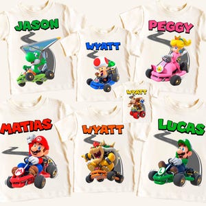 Mario Charaktere Karting Custom Name T-Shirt 100 % Baumwolle, personalisiertes Mario Shirt mit Namen, Kart Custom Shirt, Racing Shirt, Go Kart Shirt