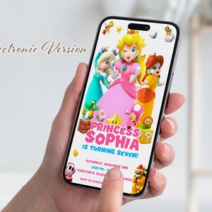 May include: A digital invitation for a birthday party featuring Princess Peach, Princess Daisy, and Princess Rosalina from the Super Mario franchise. The invitation reads "Princess Sophia is turning seven!" with the date, time, and location of the party.