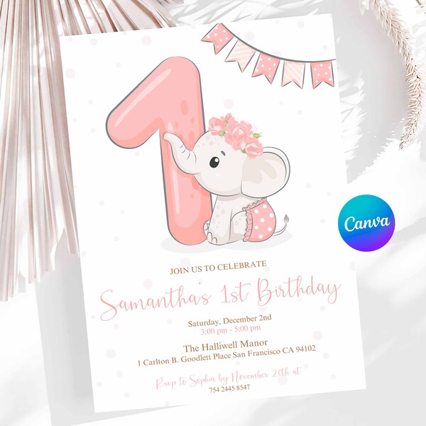 1st Sweet Elephant Rose Birthday Invitation Template | Cute Baby Elephant Girl Invite | First Birthday Elephant Template | CanvaTemplate