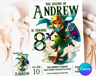 Watercolor The Legend of Zelda Birthday Invitation, Link Birthday Invite, Canva Template