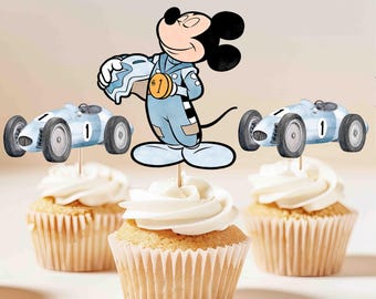 Mickey Fast One Racing Light Blue Cupcake Toppers printed with stick, Two Fast Mickey Cupcake Toppers