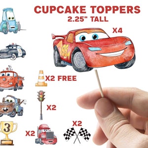 May include: A set of 2.25 inch tall cupcake toppers featuring characters from the Cars movie. The set includes Lightning McQueen, Mater, a police car, a fire truck, a cone, a traffic light, a trophy, a semi-truck, and checkered flags. The toppers are printed on cardstock and come with toothpicks for easy insertion into cupcakes.