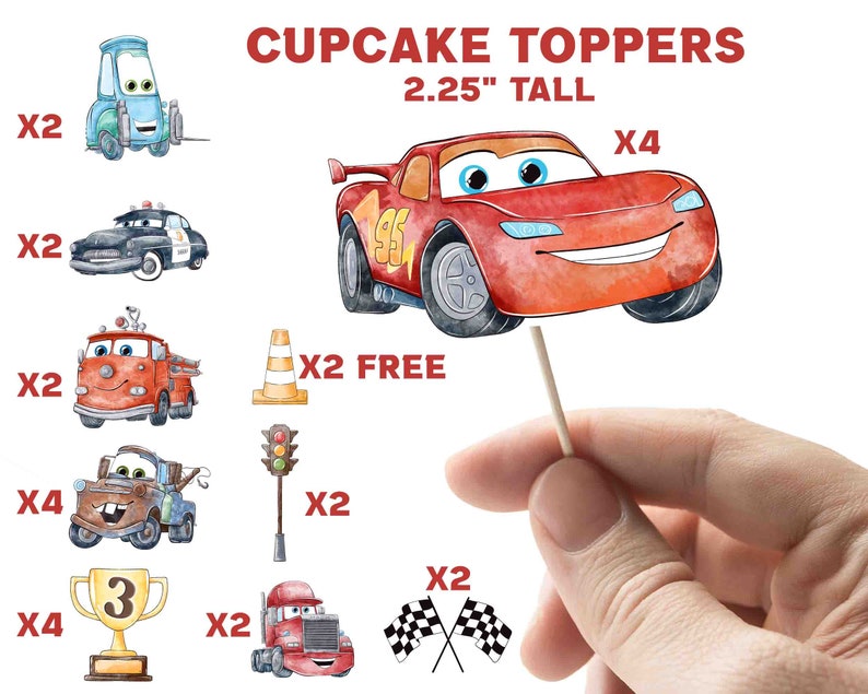 May include: A set of 2.25 inch tall cupcake toppers featuring characters from the Cars movie. The set includes Lightning McQueen, Mater, a police car, a fire truck, a cone, a traffic light, a trophy, a semi-truck, and checkered flags. The toppers are printed on cardstock and come with toothpicks for easy insertion into cupcakes.
