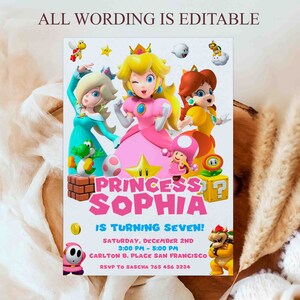 May include: A printable invitation for a Princess themed birthday party. The invitation features a pink, yellow and blue colour scheme with images of Princess Peach, Princess Daisy and Rosalina from the Super Mario video game series. The text on the invitation reads "Princess Sophia is turning seven!" and includes the date, time and location of the party.