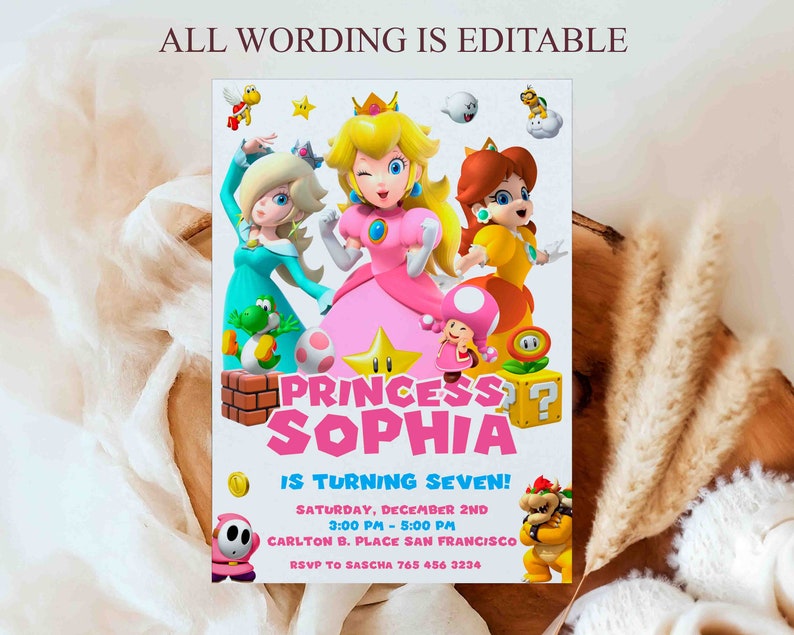 May include: A printable invitation for a Princess themed birthday party. The invitation features a pink, yellow and blue colour scheme with images of Princess Peach, Princess Daisy and Rosalina from the Super Mario video game series. The text on the invitation reads "Princess Sophia is turning seven!" and includes the date, time and location of the party.