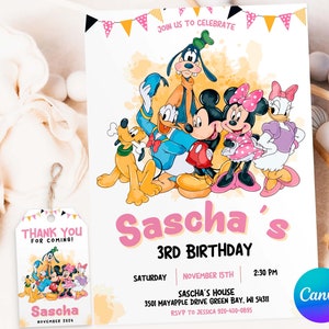 May include: A pink and yellow birthday invitation with a watercolour background featuring Mickey Mouse, Minnie Mouse, Donald Duck, Goofy, and Pluto. The invitation says "Join us to celebrate Sascha's 3rd Birthday" and includes the date, time, and location of the party.
