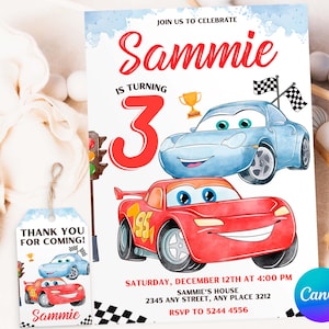 Aquarell Autos Lightning McQueen, Sally Geburtstagseinladung, Renneneinladung, Luftballons Einladung, Canva Vorlage
